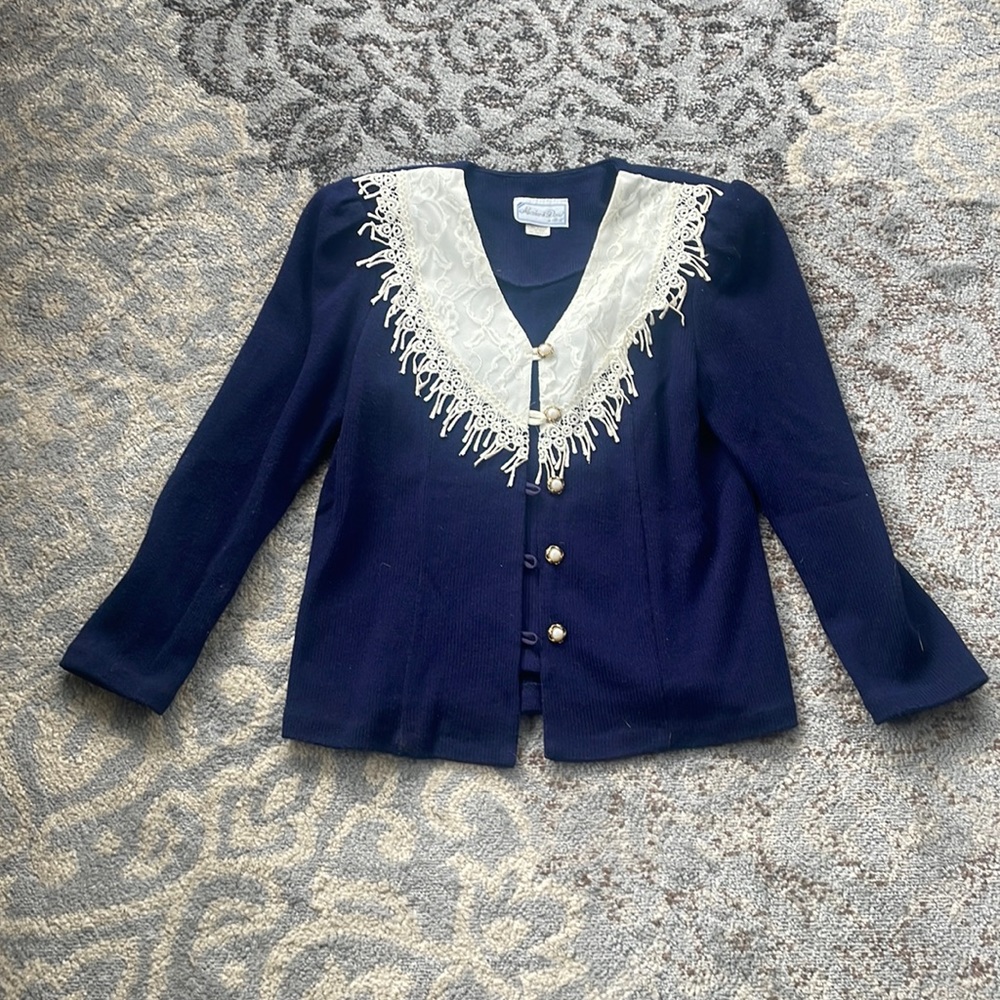 Matthew & David for B.L. Vintage Knit Button Down Sweater Navy 12 Petite